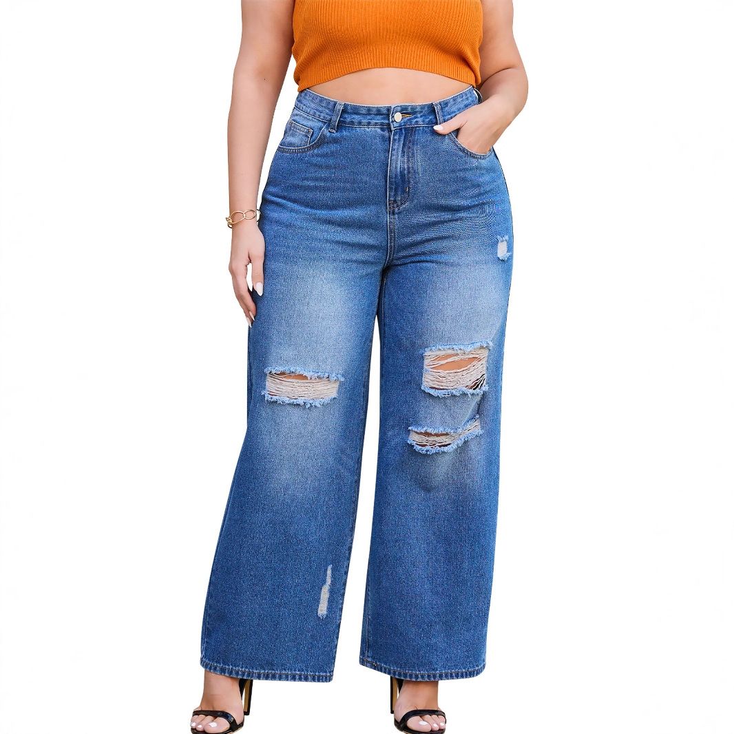 Sexy Women's Ripped And Washed Flared Wide Leg Jeans Style_mkmklike.com