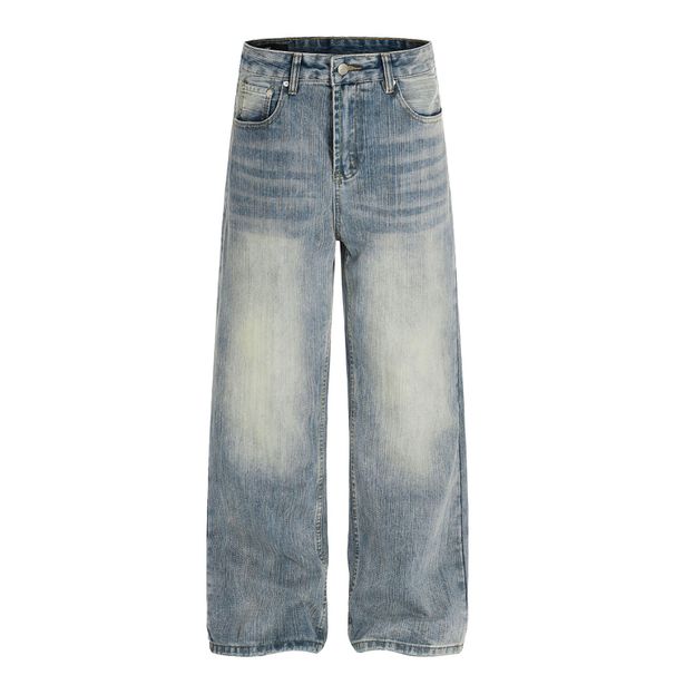 Men's Premium Washed Blue Jeans High Street Style Retro Bamboo Texture Design Denim_mkmklike.com