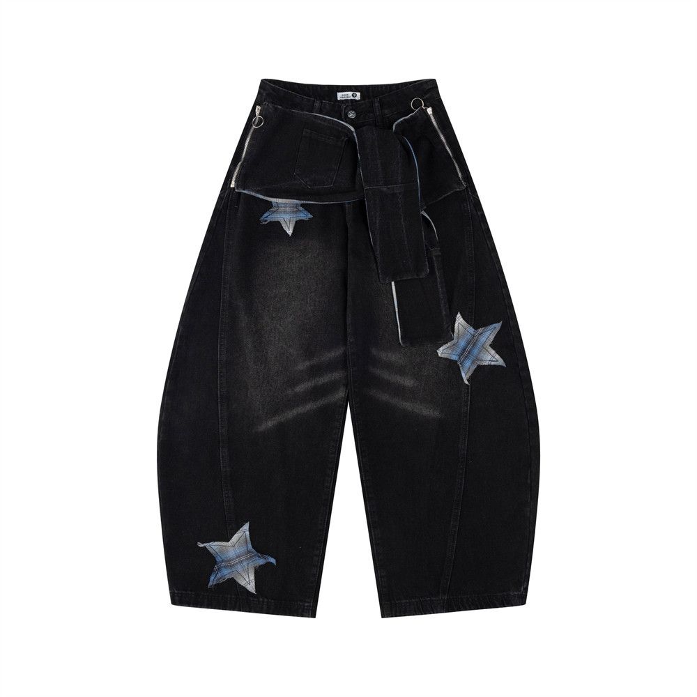 Loose Fit Scimitar Jeans For Men, Vibe Trendy Zipper Detachable Design With Patch Embroidery Wide-Leg Pants_mkmklike.com