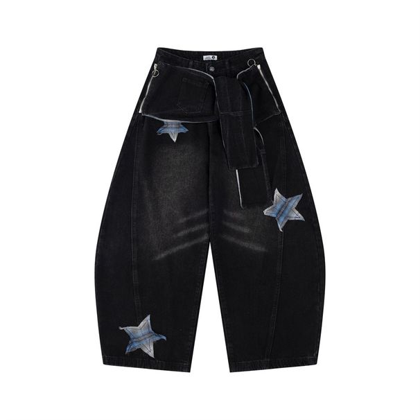 Loose Fit Scimitar Jeans For Men, Vibe Trendy Zipper Detachable Design With Patch Embroidery Wide-Leg Pants_mkmklike.com