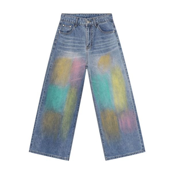 Men's Clothing Street Hip-Hop Graffiti Washed Denim Jeans For Men - Loose Fit Straight Leg Pants With Colorful Splash Design_mkmklike.com