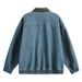 Vintage Blue Washed Denim Jacket For Men With PU Leather Collar - Detroit Style Workwear Coat_mkmklike.com