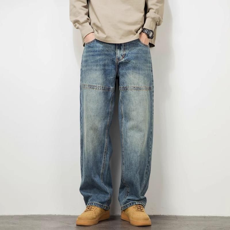 Men's Washed Patchwork Jeans Straight Leg Loose Wide Fit Casual Long Pants American High Street Style Trendy Versatile Simple_mkmklike.com