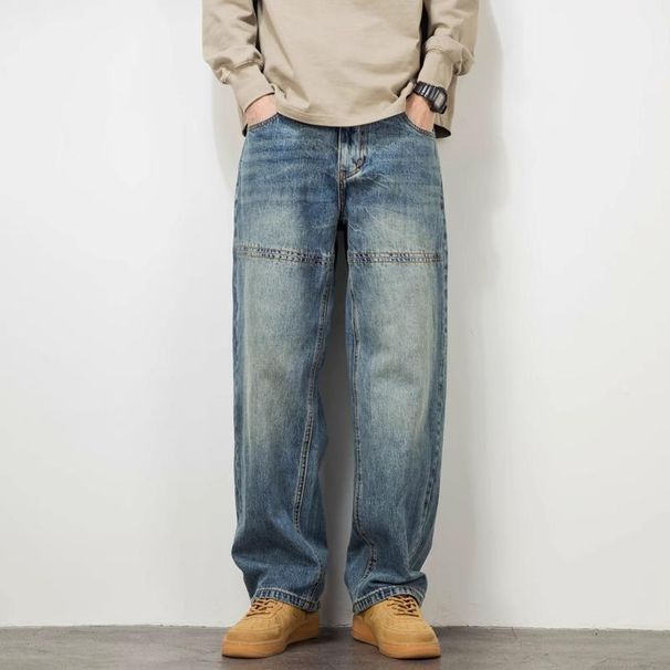 Men's Washed Patchwork Jeans Straight Leg Loose Wide Fit Casual Long Pants American High Street Style Trendy Versatile Simple_mkmklike.com