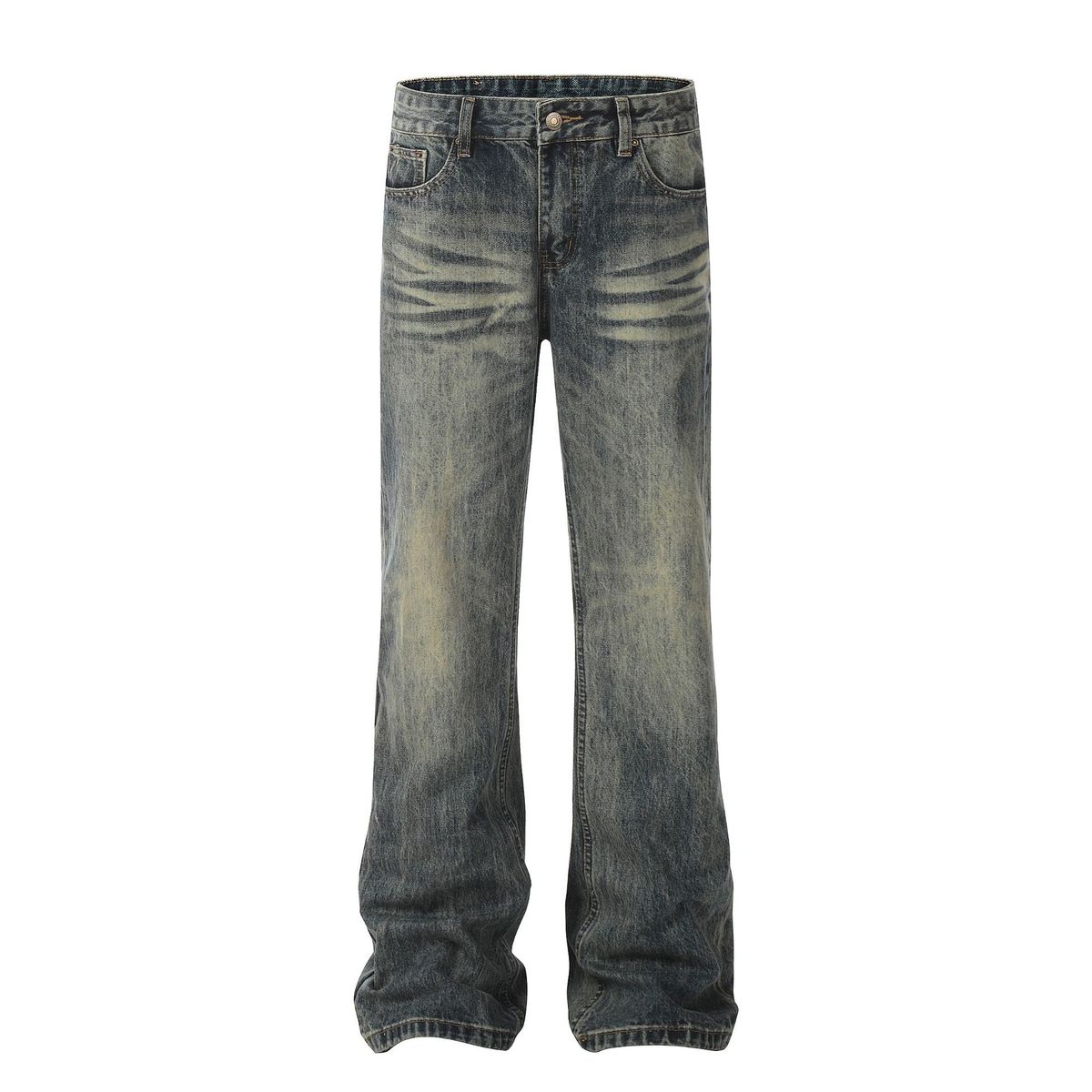 Men's Clothing Retro Yellow Mud Washed Old Slim Drape Unisex Jeans_mkmklike.com