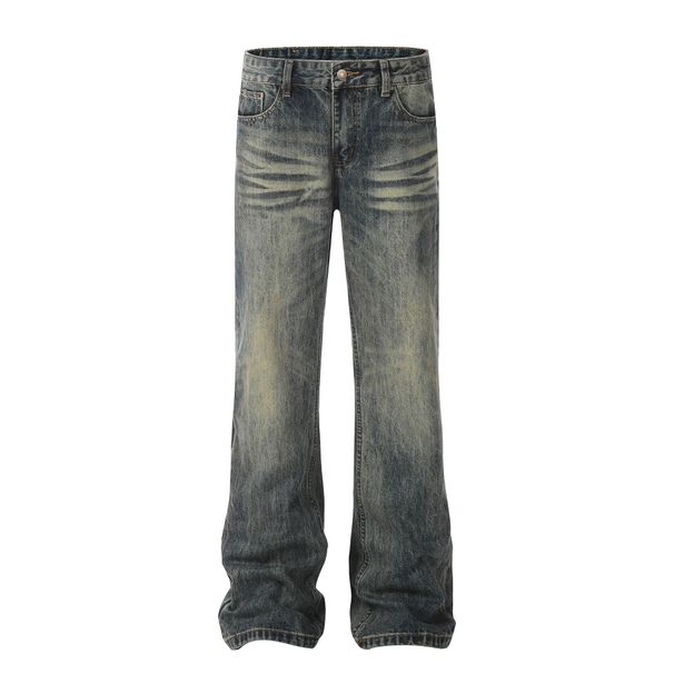 Men's Clothing Retro Yellow Mud Washed Old Slim Drape Unisex Jeans_mkmklike.com