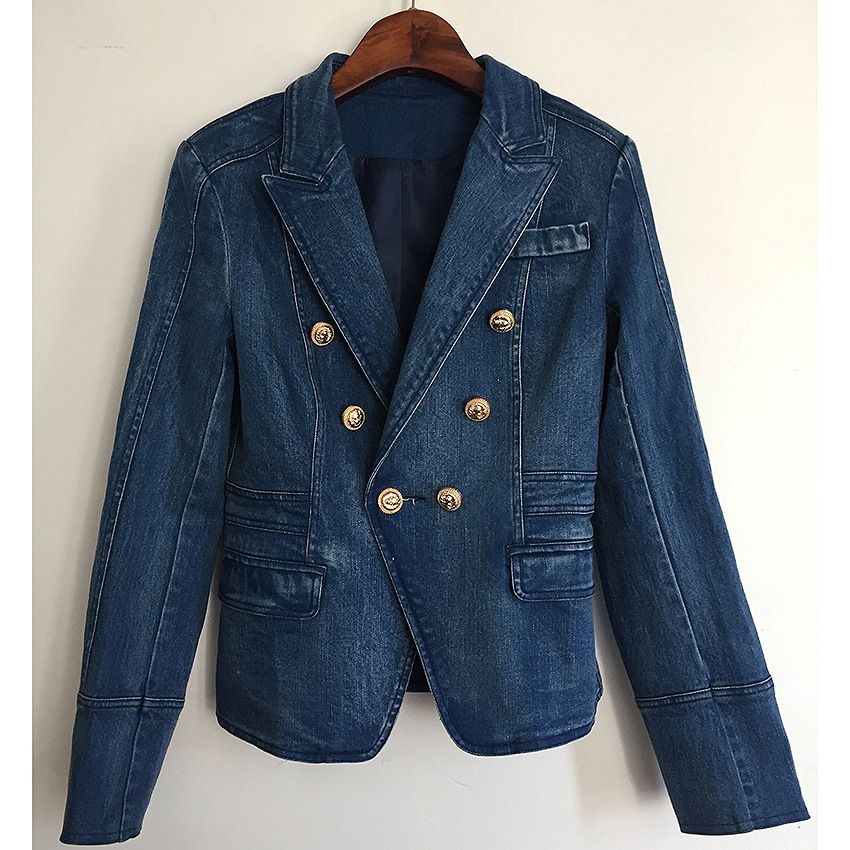 K Ladies' Double-breasted Denim Jacket With Lion Buttons; Slim-fit Small Coat._mkmklike.com