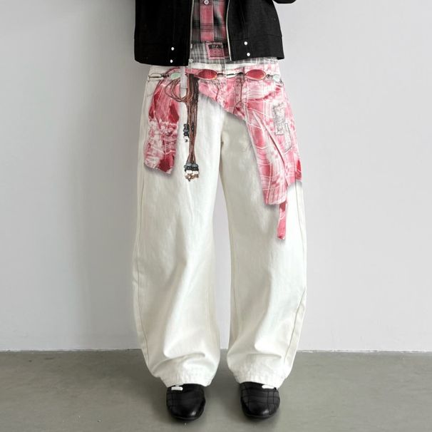 Men's Digital Print Faux Two-Piece Jeans – Oversized Wide-Leg Streetwear Pants With Curved Hem_mkmklike.com