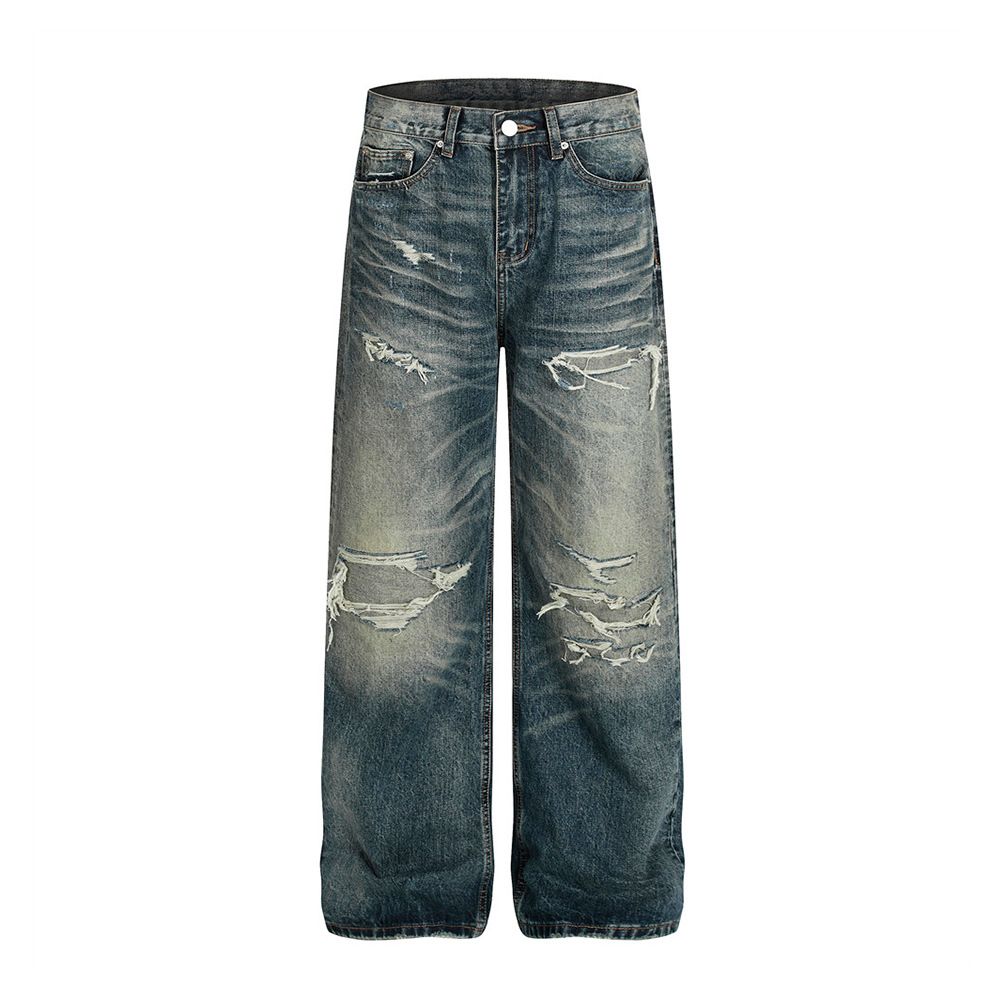Punk Distressed Washed Jeans With Creases Vintage Wide-Leg Loose Straight Long Pants For Men Gradient Color Niche_mkmklike.com