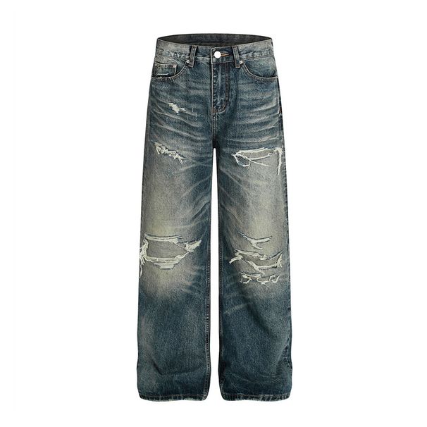 Punk Distressed Washed Jeans With Creases Vintage Wide-Leg Loose Straight Long Pants For Men Gradient Color Niche_mkmklike.com
