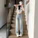 Women's High-Waisted Slim Fit Straight Leg Jeans Lightweight Summer Fashion Washed Blue Distressed Slimming Wide Leg Pants_mkmklike.com
