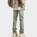 American Retro Vibe Pants, Trendy Straight-leg Distressed Yellow Mud Color Star Jeans For Men, High Street Slim-fit_mkmklike.com