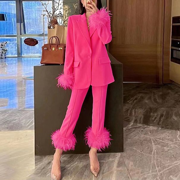 Women's clothing Internet celebrity style ostrich feather stitching suit two-piece suit temperament dress women's style trousers_mkmklike.com
