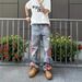 Men's Punk Patchwork Jeans - Distressed Denim Pants With Rebel Edge, Vintage-Inspired Wide Leg Trousers_mkmklike.com