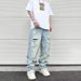 Men's Clothing High Street Hip Hop Vibe Washed Blue Ripped Cat Whisker Street Summer Straight Pants Loose Men's Paris Jeans_mkmklike.com