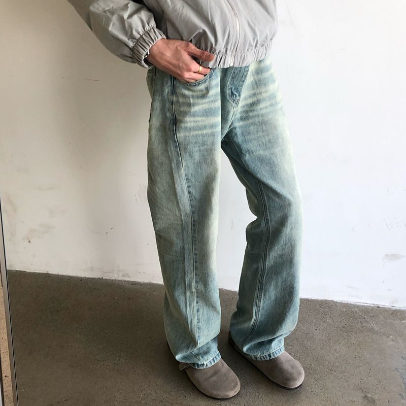 Men’s Ice Blue Distressed Jeans – Vintage Cat Whisker & Scratch Washed Denim With Flared Straight Cut (M-XXL)_mkmklike.com