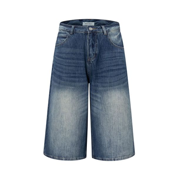 Men's Clothing Washed Retro Blue High Grade Cat Whisker Design Men's Loose Denim Cropped Trousers_mkmklike.com