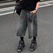 Men's Washed Lightning Pattern Loose Fit Denim Cargo Shorts Retro Streetwear Style_mkmklike.com