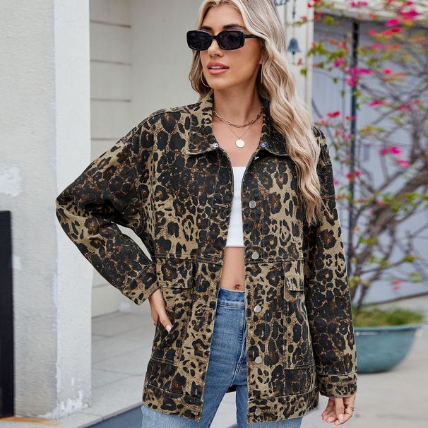 Women's Washed Denim Jacket With Leopard Print - Oversized Casual Coat, Detachable Hood, Streetwear Fashion For Spring_mkmklike.com
