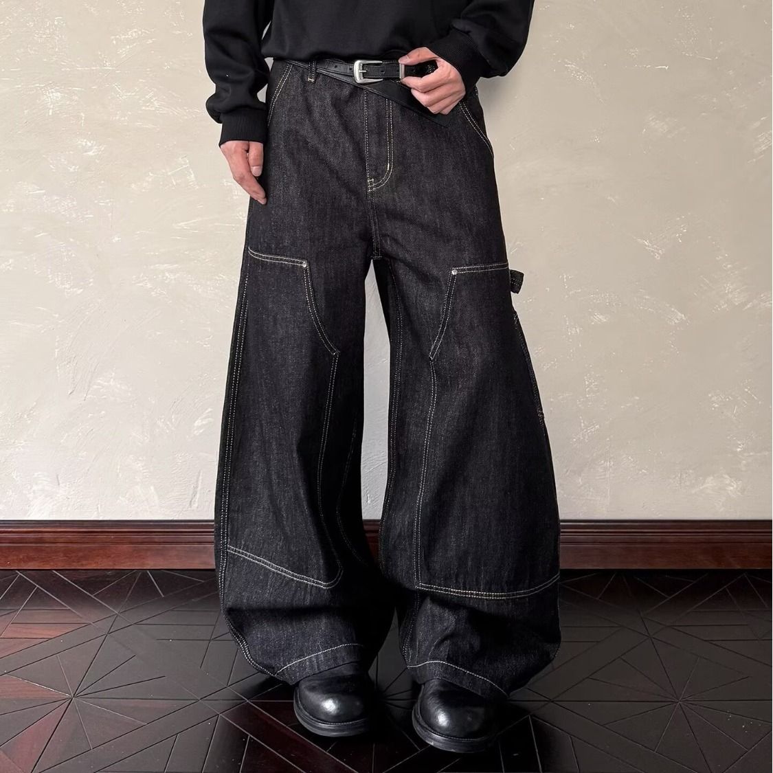 Streetwear Cargo Jeans – Oversized Denim Pants With Multi-Pockets (Straight Cut, Black) – Unisex Workwear Style_mkmklike.com