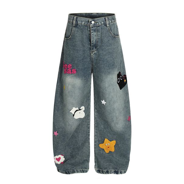 Cartoon Embroidery Design Washed Denim Scimitar Pants Men's High Street Trendy Brand Vintage Loose Wide-Leg Trousers_mkmklike.com