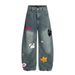 Cartoon Embroidery Design Washed Denim Scimitar Pants Men's High Street Trendy Brand Vintage Loose Wide-Leg Trousers_mkmklike.com