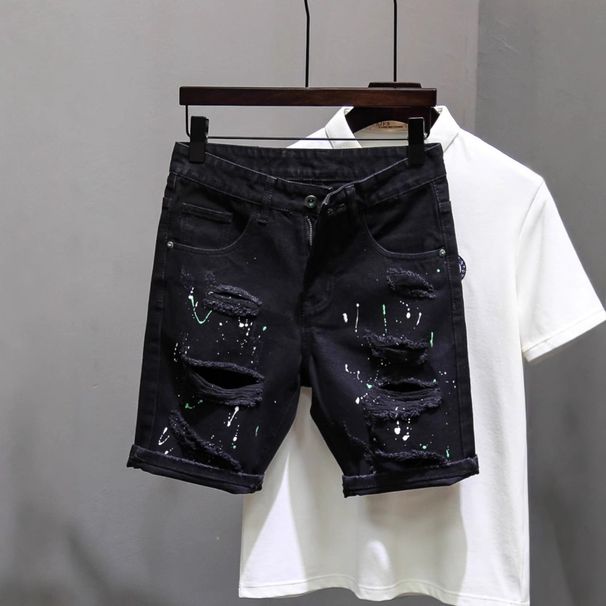 Men's Washed Denim Shorts – Mid-Thigh Casual Cotton Stretch Cargo Shorts (White/Black, 28-36, 65% Cotton, Relaxed Fit)_mkmklike.com