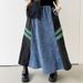 New Style Retro Design Stitching Contrast Color Denim Skirt Elastic Waist Drawstring Loose Long Skirt_mkmklike.com