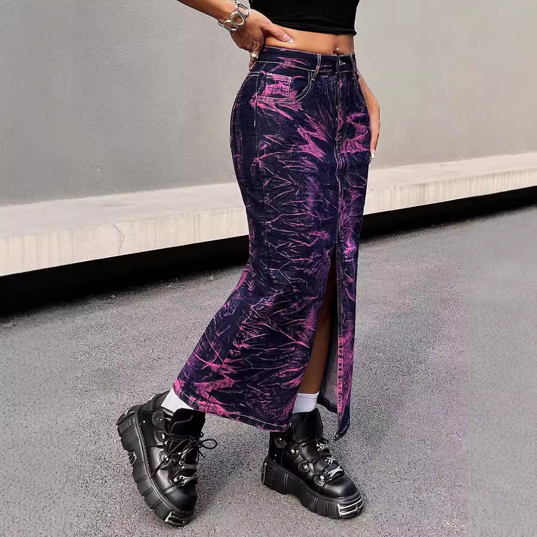 Women's Clothing Fashionable High Waist Elastic Slit Mid Length Skirt Creative Fire Cloud Tie Dye Denim Skirt _mkmklike.com