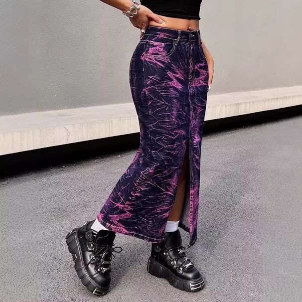 Women's Clothing Fashionable High Waist Elastic Slit Mid Length Skirt Creative Fire Cloud Tie Dye Denim Skirt _mkmklike.com