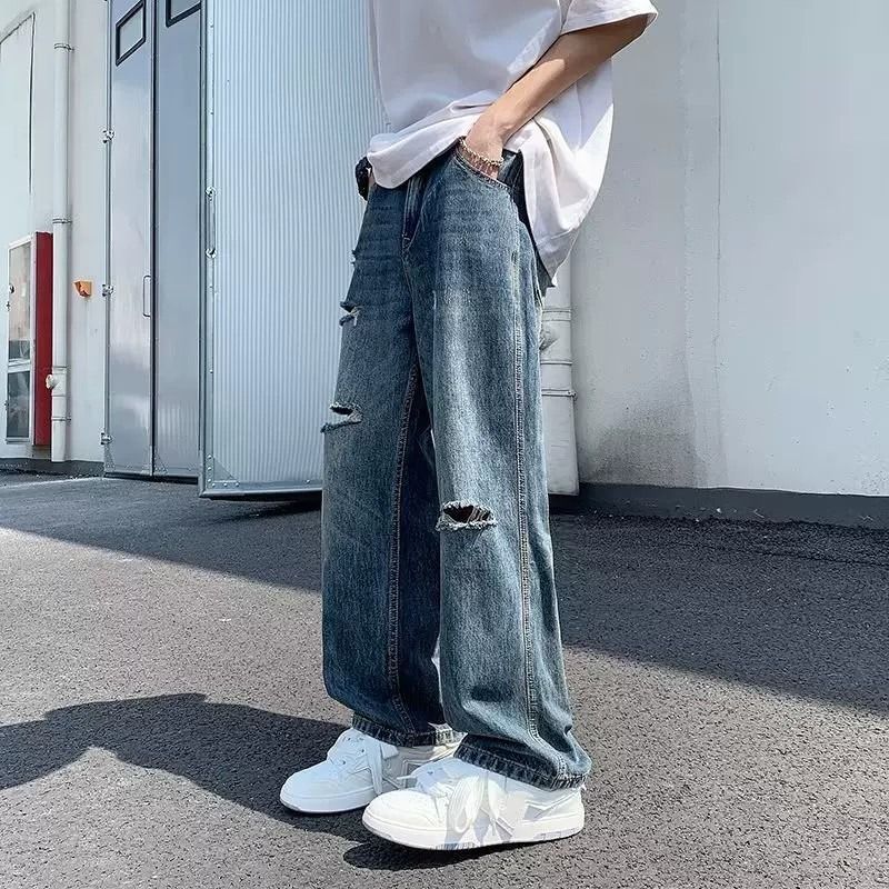 Distressed Washed Relaxed Fit Straight Leg Jeans For Men, Vintage High-Street Denim Trousers With Ripped Details_mkmklike.com