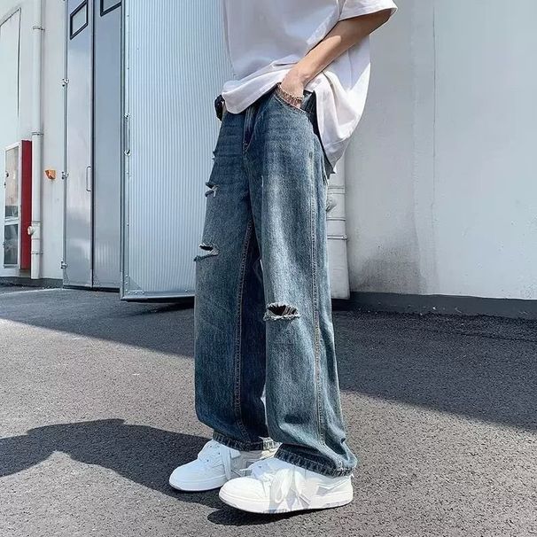 Distressed Washed Relaxed Fit Straight Leg Jeans For Men, Vintage High-Street Denim Trousers With Ripped Details_mkmklike.com