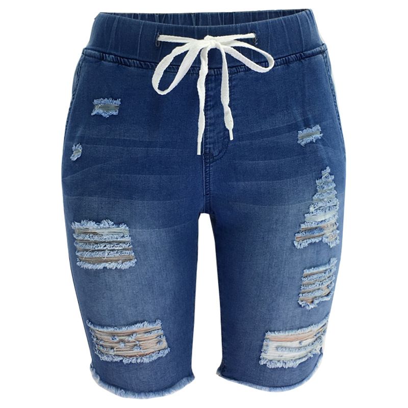 Women's Clothing Ripped Mid Waist Elastic High Elastic Medium Washed Blue Jeans Shorts_mkmklike.com