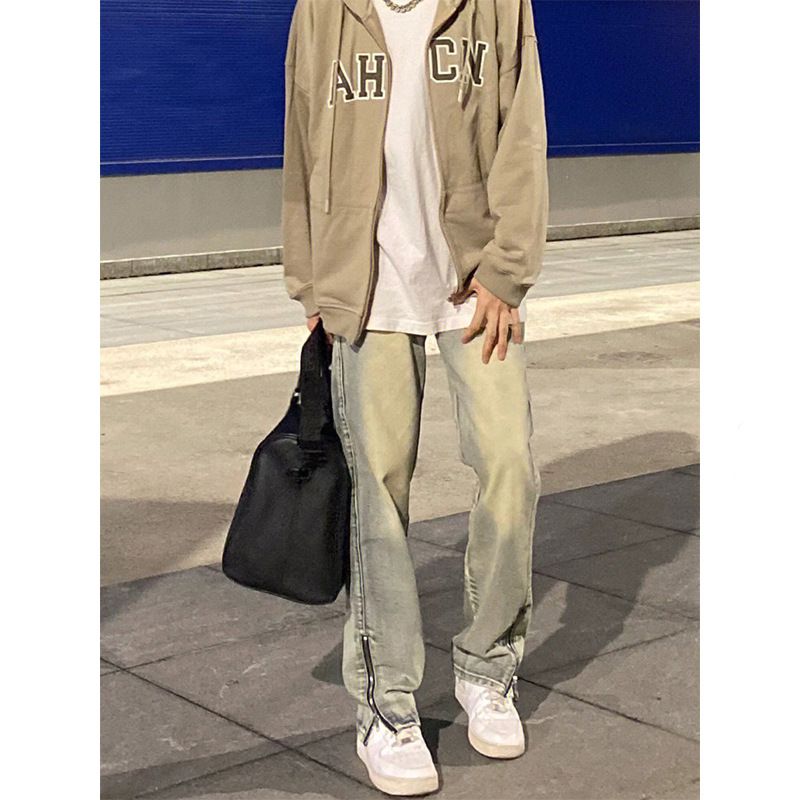 Nordmann Huang Niruan Vintage Jeans For Men American High Street Ins Trend Straight Wide Leg Zipper Vibe Design Long Pants_mkmklike.com
