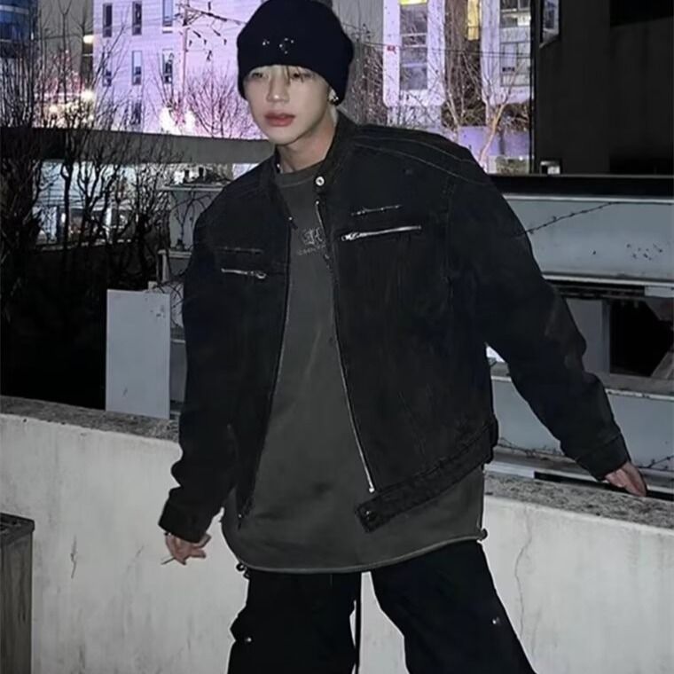 Men's Clothing Retro Distressed Washed Short Denim Training Design Shoulder Jacket_mkmklike.com