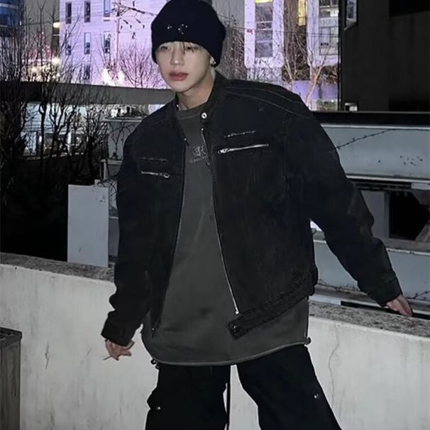 Men's Clothing Retro Distressed Washed Short Denim Training Design Shoulder Jacket_mkmklike.com