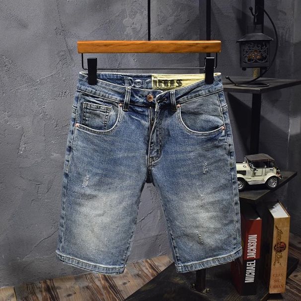 Blue Vintage Summer Men's Denim Five-Point Embroidered Scratched Washed Trendy Versatile Stretch Shorts_mkmklike.com