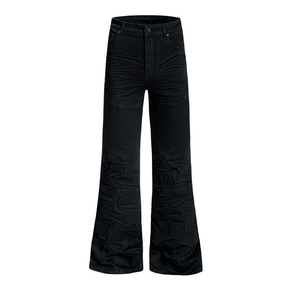 Men's Flared Jeans American High Street Water Ripple Pleated Design Personality Vibe Hippie Loose Long Pants_mkmklike.com