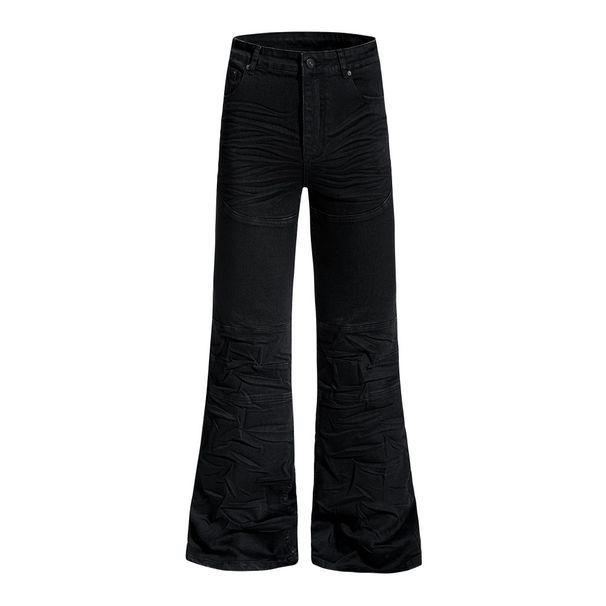 Men's Flared Jeans American High Street Water Ripple Pleated Design Personality Vibe Hippie Loose Long Pants_mkmklike.com