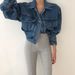 Korean Chic Oversized Denim Jacket – Cropped, Puff Sleeve, Multi-Pocket, Lapel Collar (One Size, Dark/Light Blue/Pink, 90s Retro Streetwear)_mkmklike.com