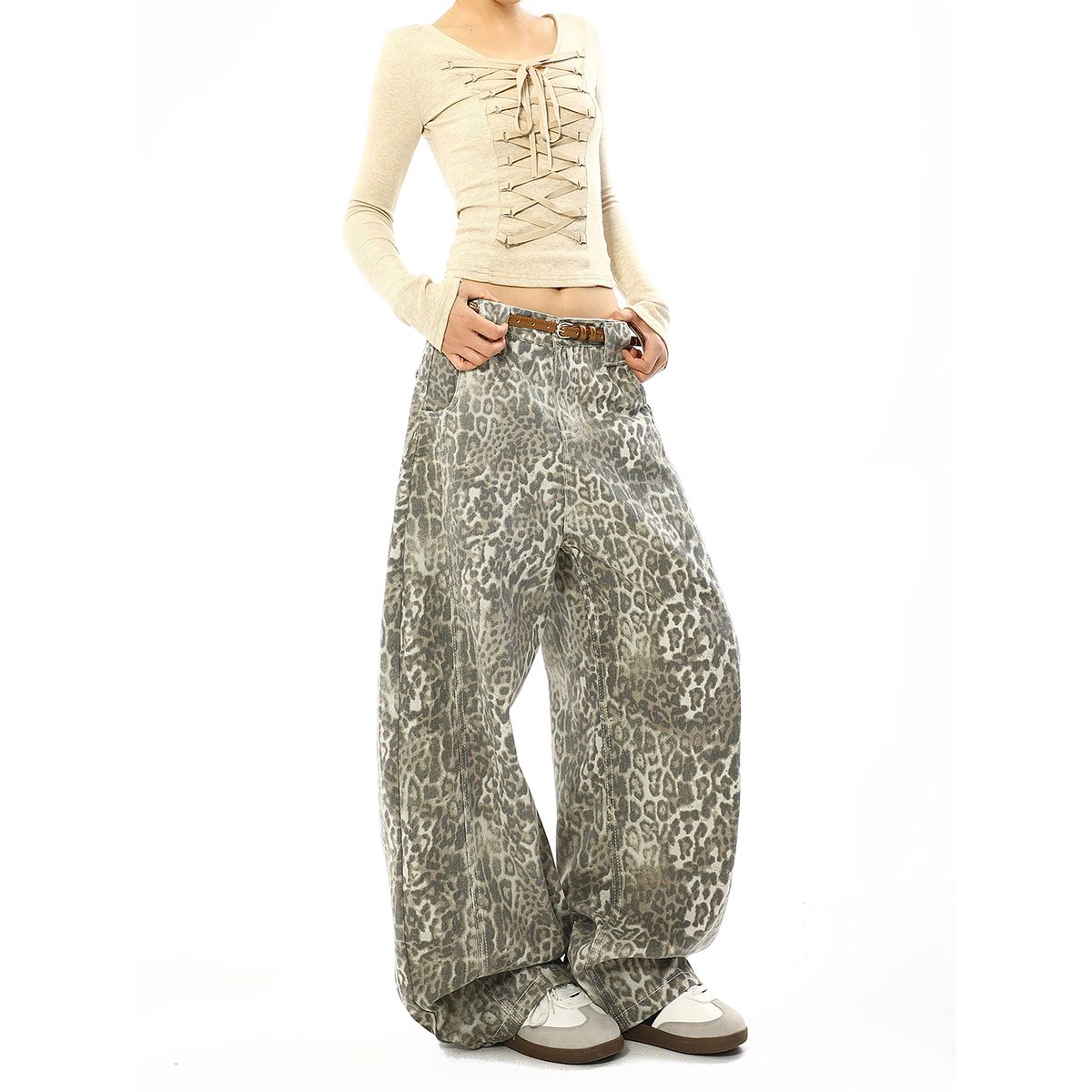 American Style Lazy Leopard Print Jeans For Women, New Autumn Casual Loose Wide-Leg Scimitar Pants_mkmklike.com