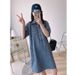 Small Denim Dress With Polo Collar, Button Up Half Front, Work Pocket, Loose Fitting Straight Tube Shirt Skirt_mkmklike.com