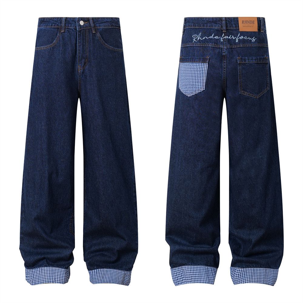 Rolled Hem Plaid Color-Block Jeans With Unique Pocket Design, Loose Wide-Leg Straight Pants For Men, High Street Fashion_mkmklike.com