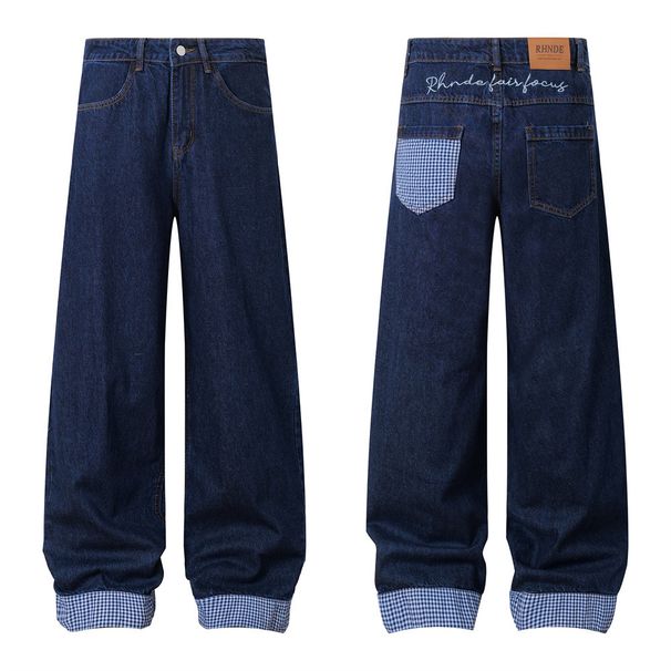 Rolled Hem Plaid Color-Block Jeans With Unique Pocket Design, Loose Wide-Leg Straight Pants For Men, High Street Fashion_mkmklike.com
