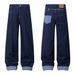 Rolled Hem Plaid Color-Block Jeans With Unique Pocket Design, Loose Wide-Leg Straight Pants For Men, High Street Fashion_mkmklike.com