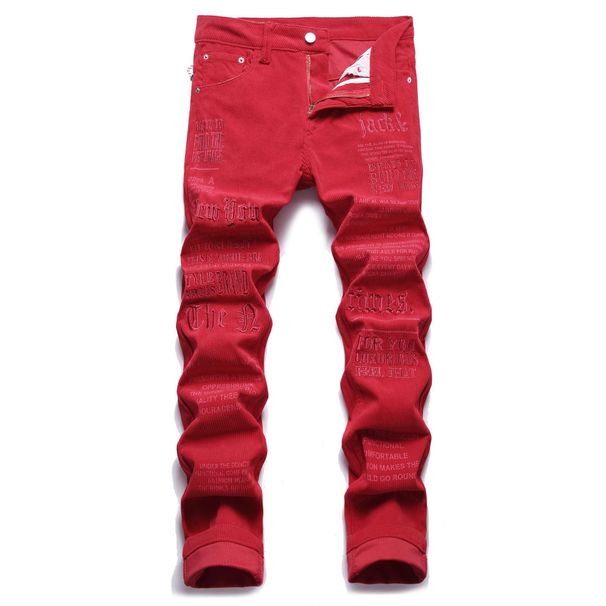 Men's Clothing Letter Embroidery Men's Slim Fit Floral Pants, Fashionable Elastic Skinny Casual Long Pants_mkmklike.com