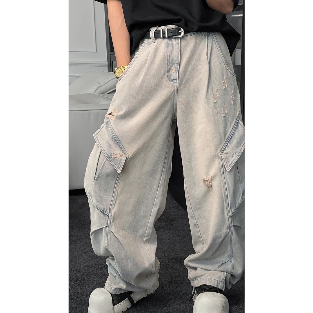 New Arrival Men's Casual Wide Leg Jeans Loose Fit Ripped Distressed Retro Workwear Stylish Versatile Denim_mkmklike.com