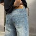 Men's Vintage Blue Distressed Jeans With Star Print – Relaxed Fit Straight Leg Casual Pants For Spring & Autumn_mkmklike.com