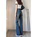 American Retro Washed Blue Micro-flared Jeans For Women, Spring High-waisted Slimming Straight Elastic Wide-leg Long_mkmklike.com