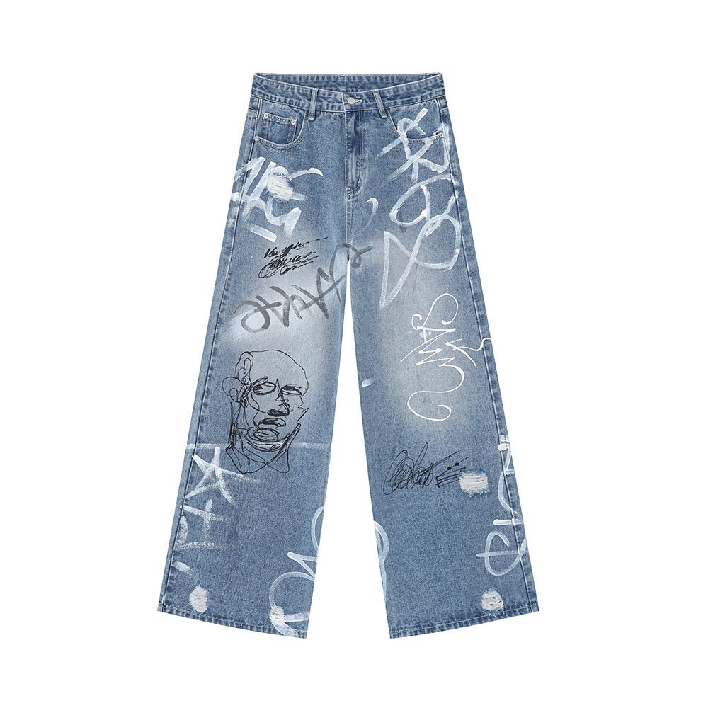 EF JEANS | 2024 New American Trend Street Graffiti Fun Straight Floor Mopping Wide Leg Pants Jeans_mkmklike.com